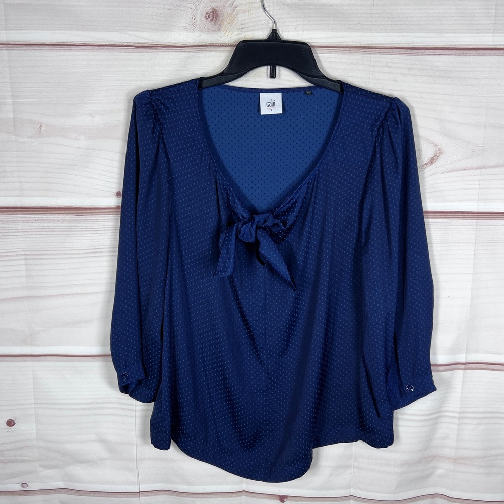 CAbi Blouse Women Small Navy Blue Tie Front Dot Print 5525 3/4 Sleeve Office Top